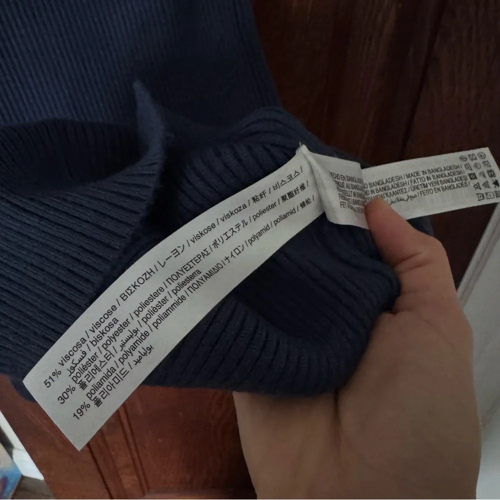 Rib-Knit Navy Long-Sleeve Midi Dress with Button Details Size S - Picture 6 of 7